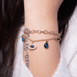 Stainless steel rose gold plated stainless steel crystal studded evil eye bracelet