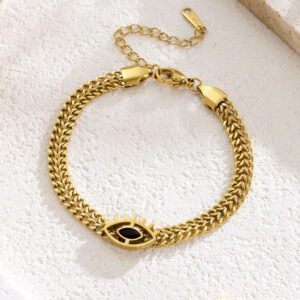 Gold plated stainless steel anti tarnish evil eye themed wraparound bracelet for women