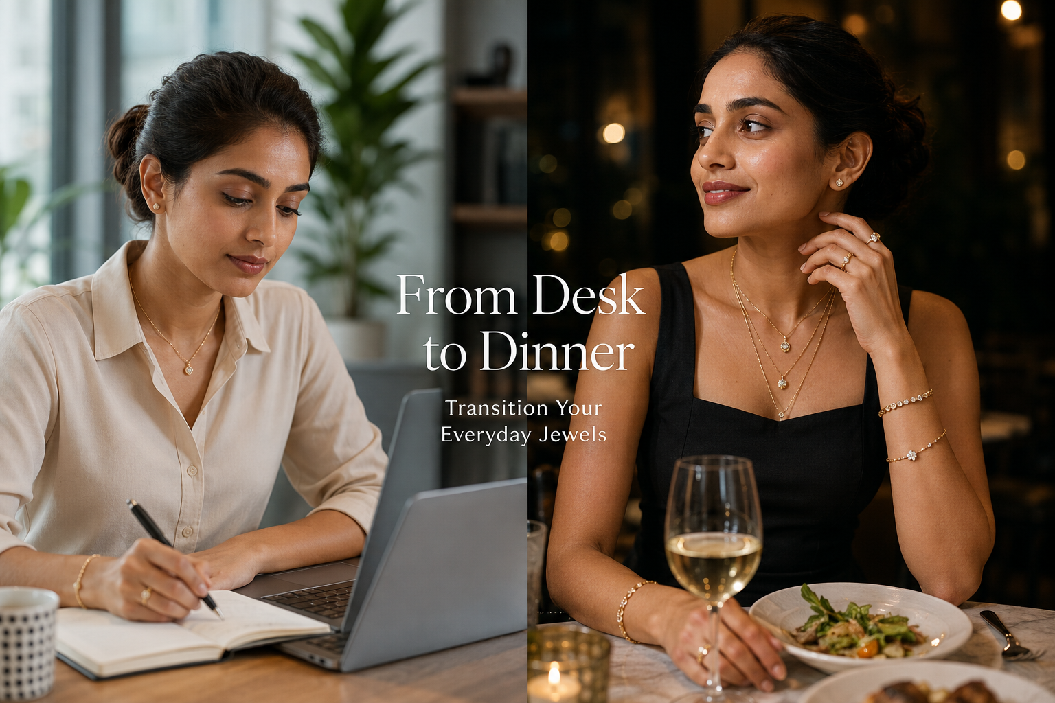 Professional woman transitioning from office to dinner wearing elegant everyday gold jewellery including layered necklaces, rings, bracelet and stud earrings.